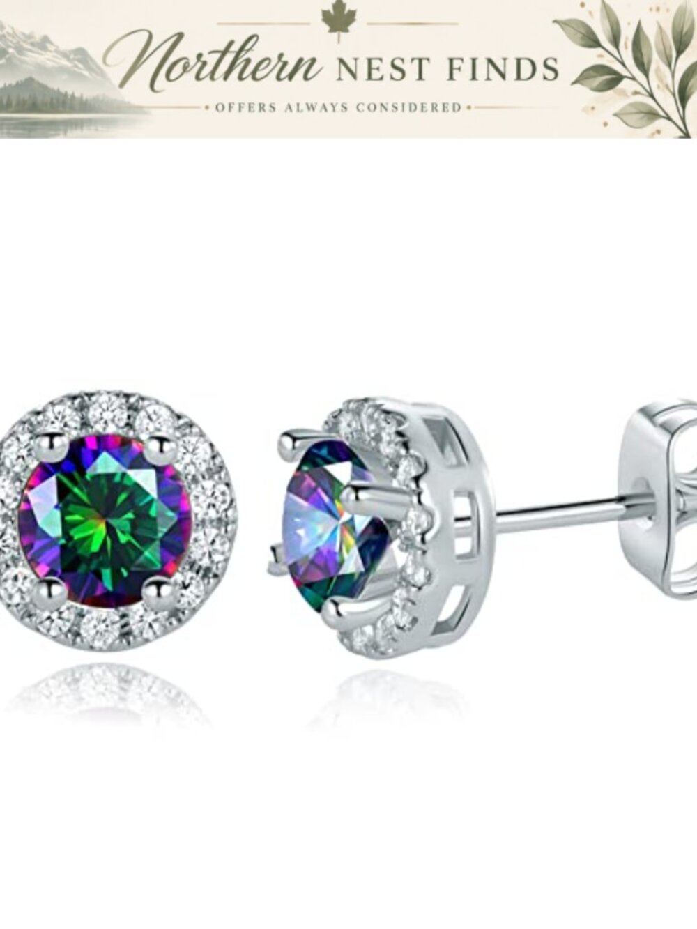 18K White Gold Plated Rainbow Quartz Halo CZ Stud Earrings Hypoallergenic
